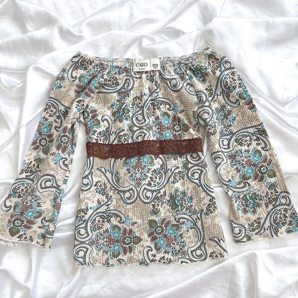 Cato Girls Paisley Off Shoulder Bell Sleeve Top Brown Lace Trim M 8/10 Boho
